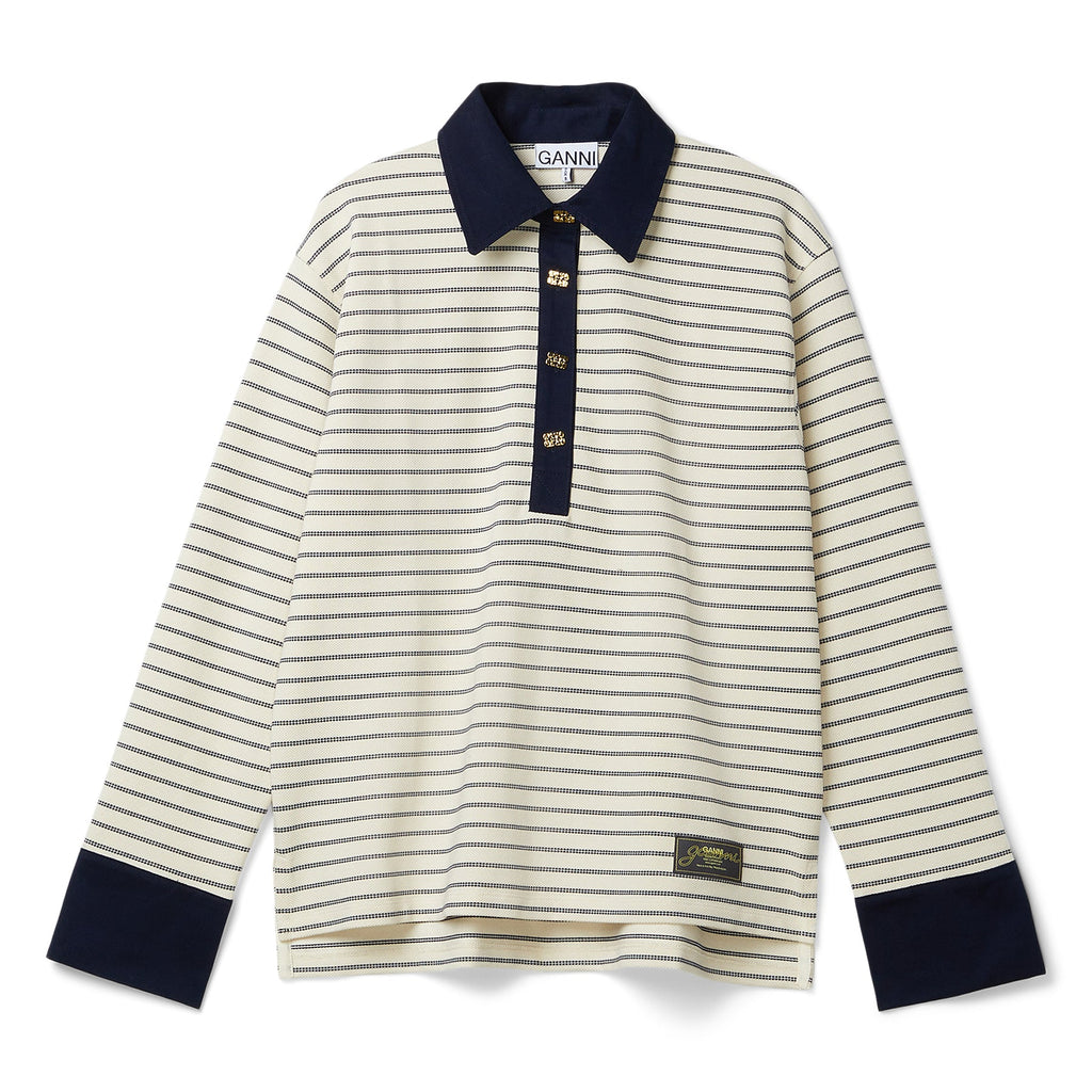 GANNI Striped Cotton Polo (Egret)