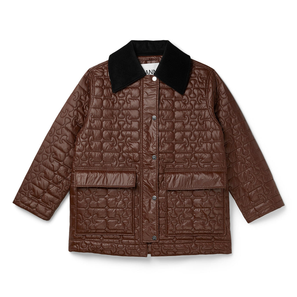 GANNI Shiny Quilt Midi Jacket (Chicory Coffee)