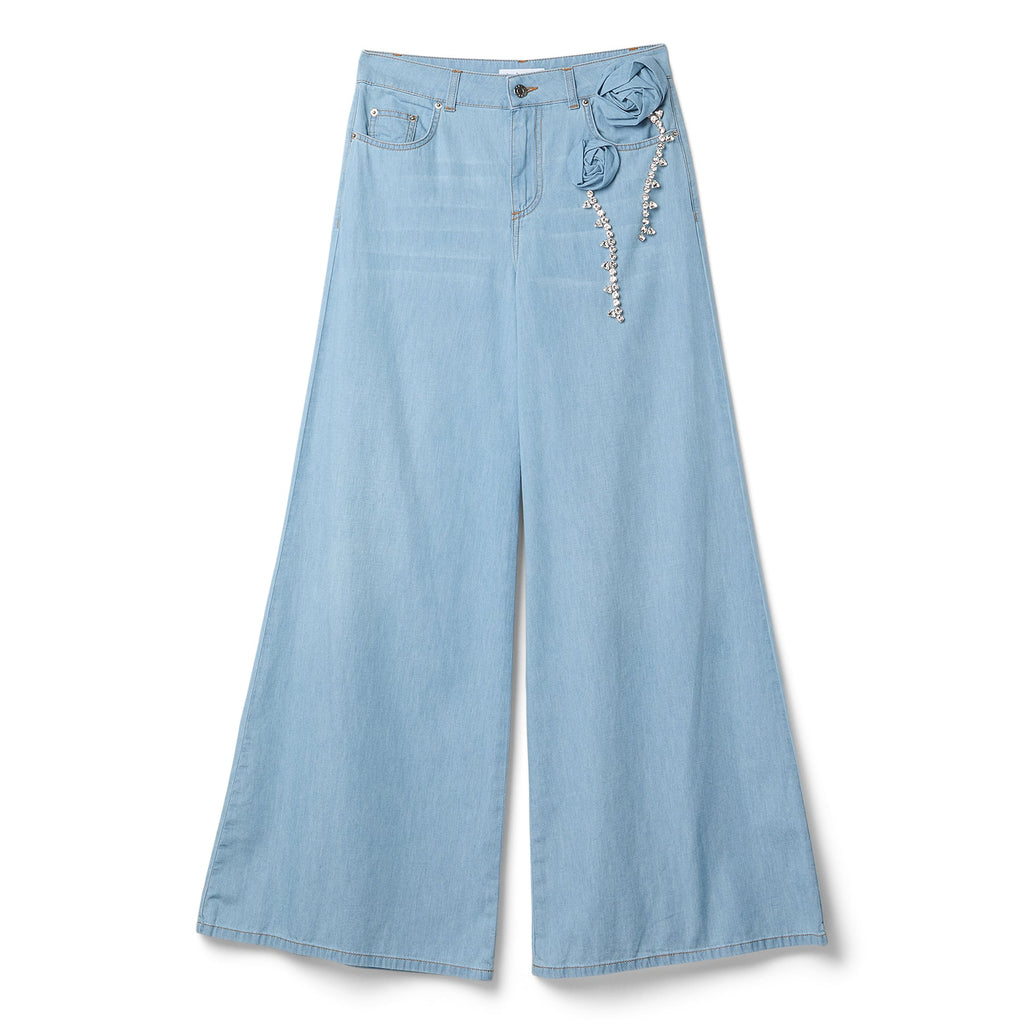 AREA Crystal Rosette Wide Leg Jean (Super light blue)