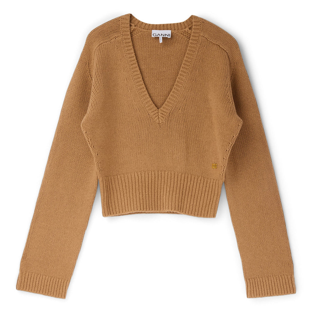 GANNI Wool Yak Mix Deep V-Neck (Tiger's Eye)